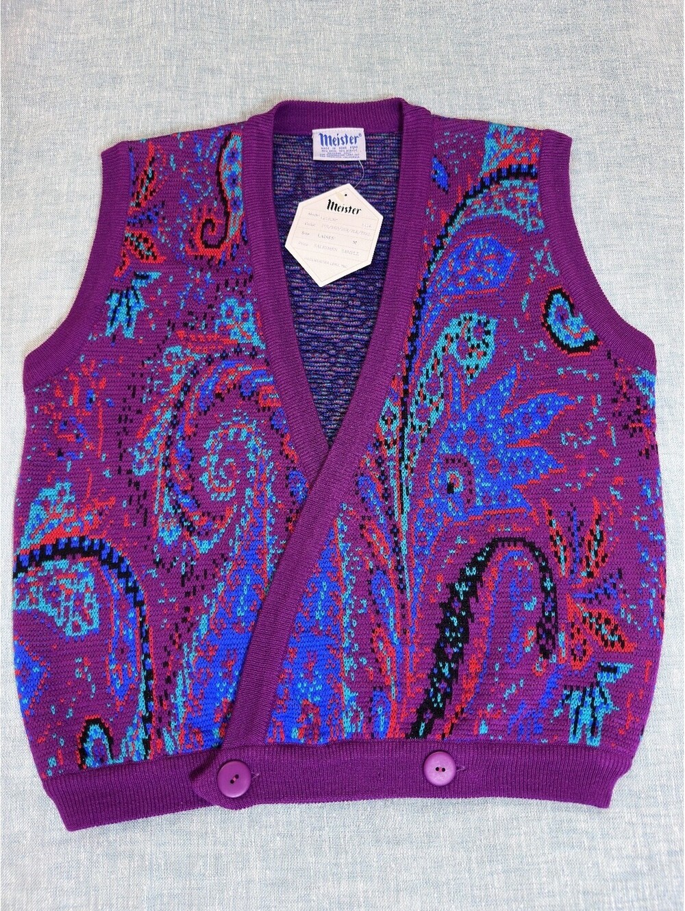 VTG NOS 80s Meister Salesman Sample Paisley Knit Sweater Vest Women M Purple